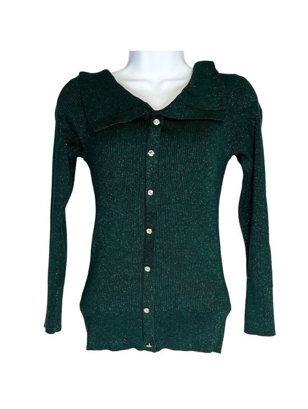NY&C Green Metallic Ribbed Cardigan Portrait Collar Holiday Sparkle Small
